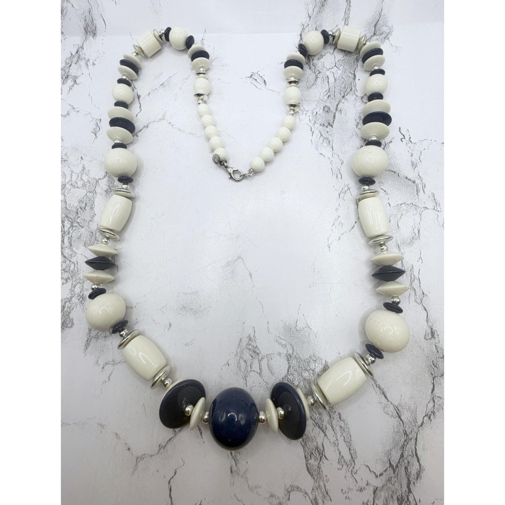 Navy Blue White‎ Chunky Beaded Necklace 28" Silver Tone Statement Jewelry
